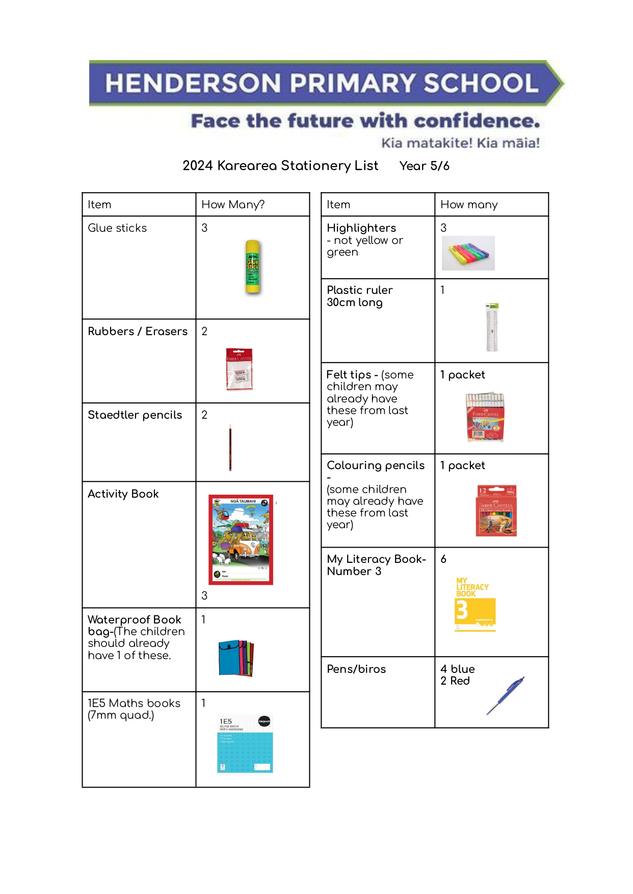 Stationery list 2024 - Henderson Primary School