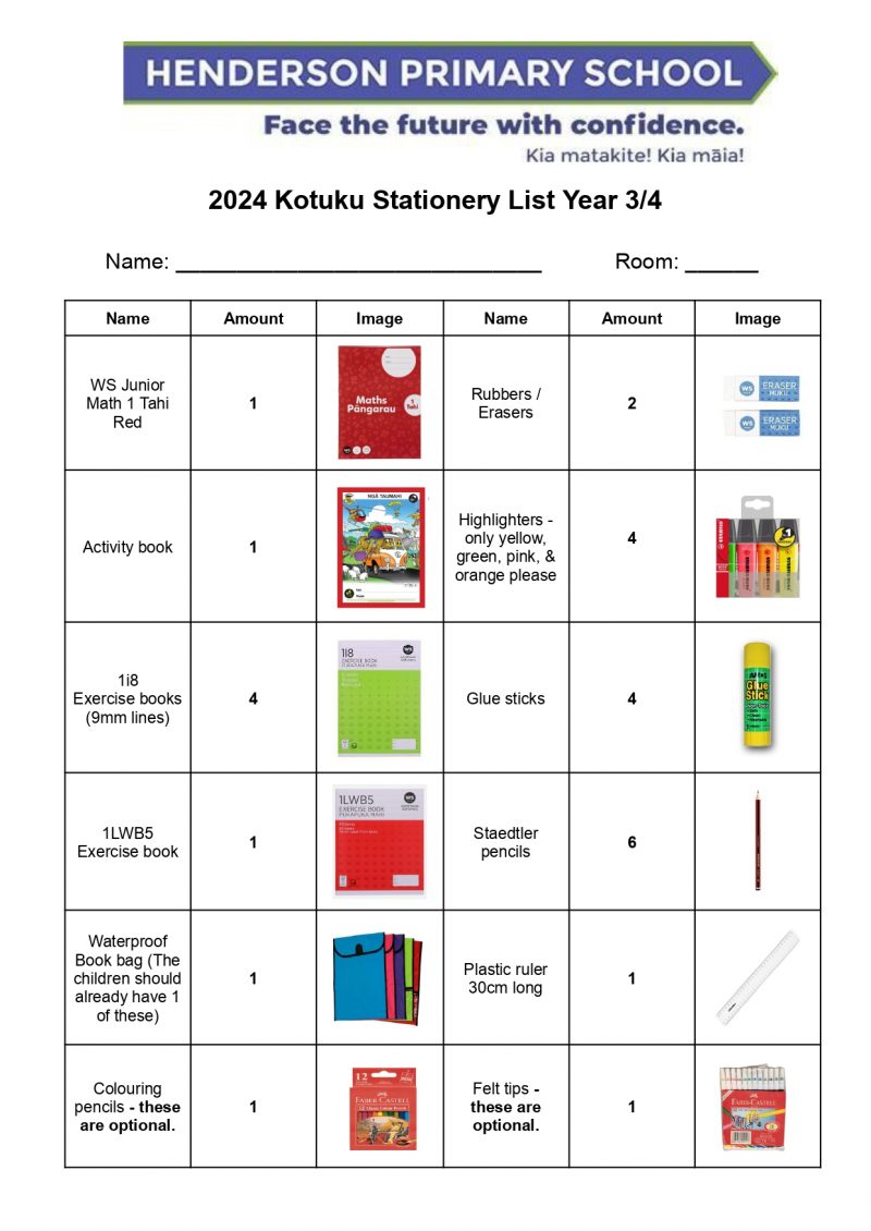 Stationery list 2024 - Henderson Primary School